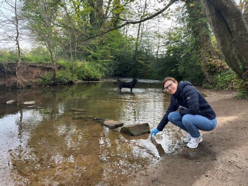 Taking a water sample from a slow flowing river with a dog playing in the background