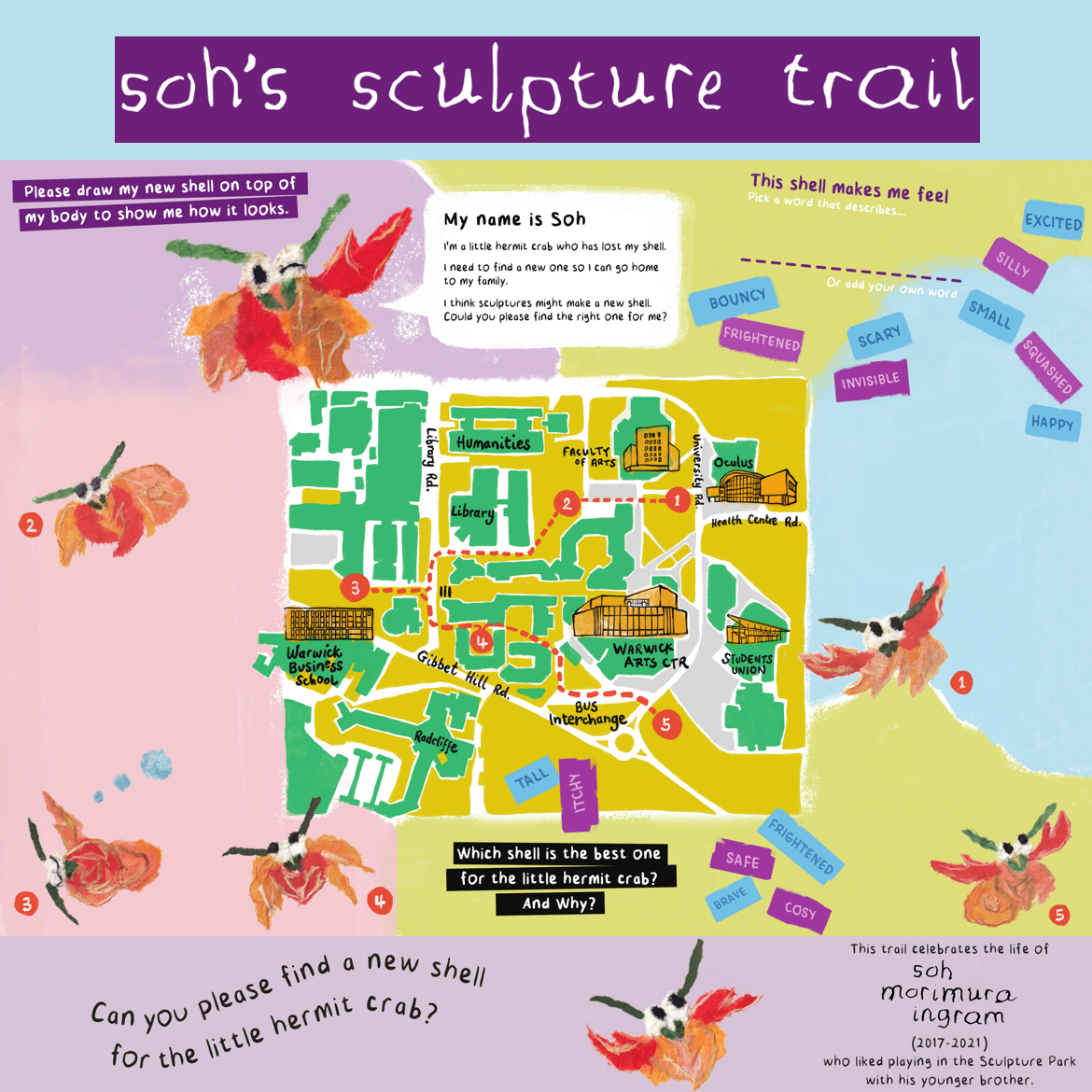 A colourful map of central campus illustrating a short trail to explore sculptures with activities for children. Above and below are banners with the title and information and images.