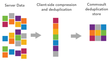 Diagram shows data files as a set of coloured blocks, where each colour represents a unique block of data. This diagram then shows Commvault identifing the identical (colour) blocks and storing just a single version of each colour.