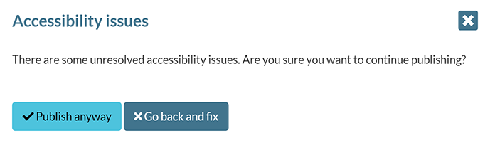 A pop-up warning that accessibility issues exist on a converted page prior to preview